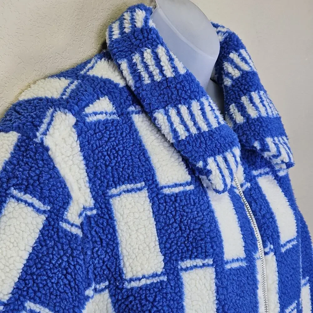 Mother Revolve Kickstand Jacket S Ice Cube Sherpa Coat Checkered Blue White Cozy - Picture 7 of 16